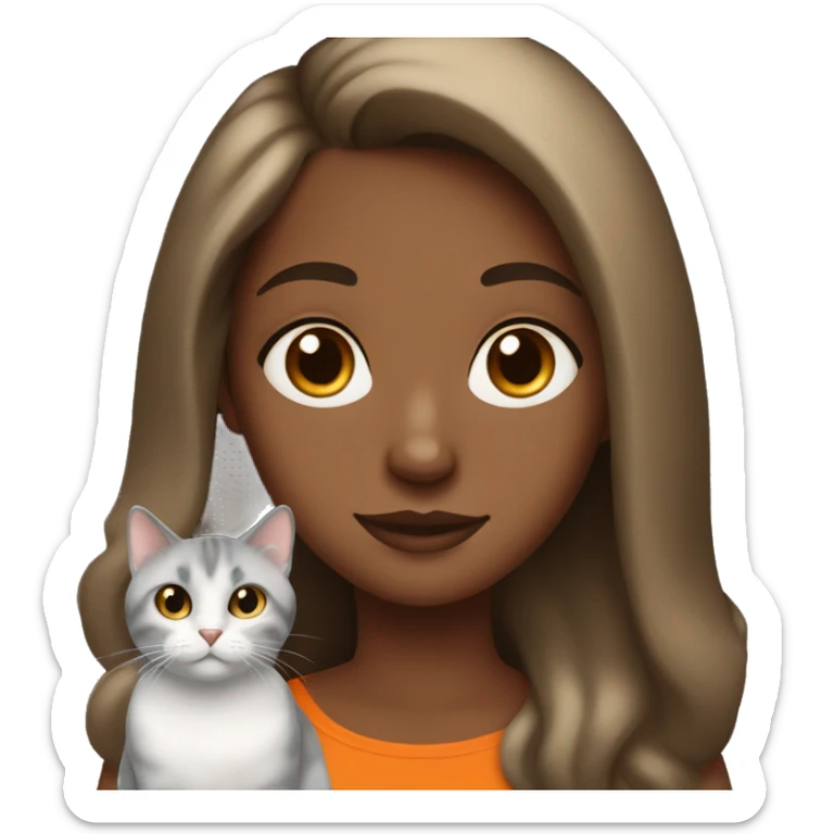 brown girl long brown hair with the under part blonde and a gray and black cat with orange spots on her shoulder sticker