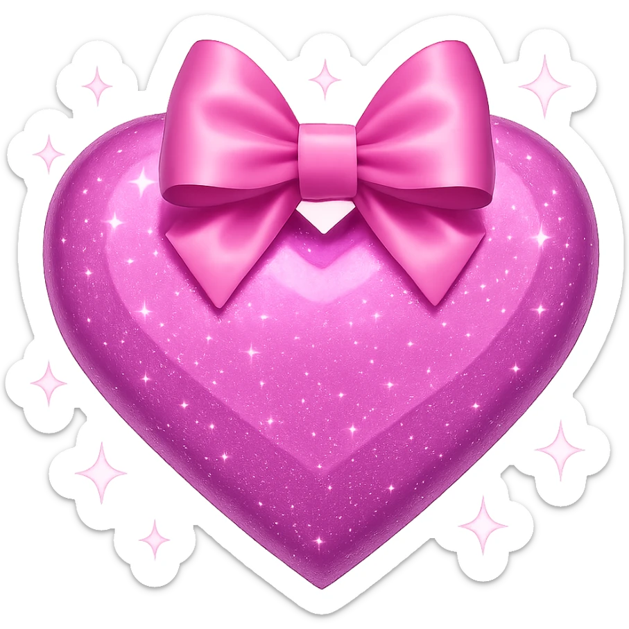 Add sparkles around the pink glittery heart with a pink bow, keeping the original style and transparent background. sticker