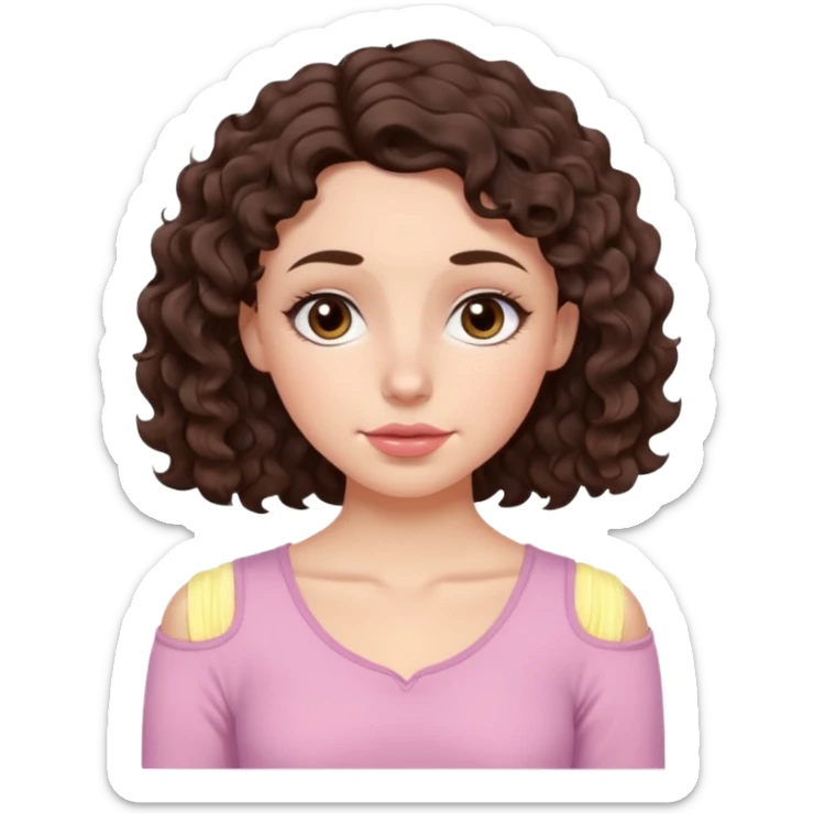 Aesthetic white girl with really long wavy/curly hair color dark brown, hair most be in front of the shoulders (hair in front of the shoulders). Big almond shape tired eyes color brown with dark circles, wide nose, natural lips, sweet expression. Dressed with a cute tight top color light pink. sticker