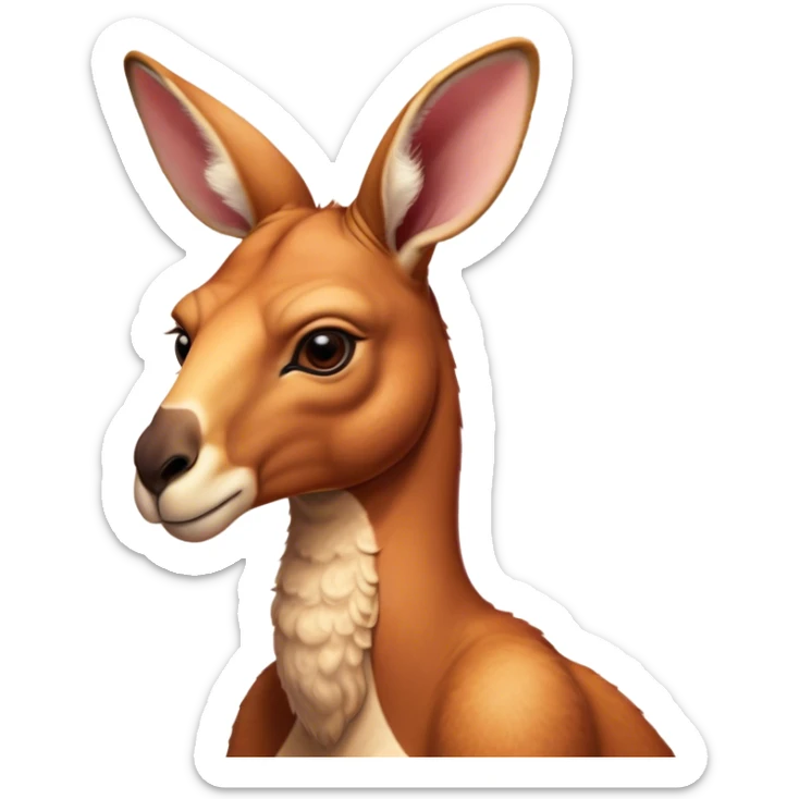 Cinematic Noble Adult Red Kangaroo Portrait Emoji, Poised and regal, with a robust, muscular build, tawny reddish fur, and a distinctive camel-shaped head featuring a slightly elongated snout, prominent ears, and keen, observant eyes, Simplified yet sharp and sophisticated features, highly detailed, glowing with a warm, sunlit glow, high shine, intelligent and commanding, stylized with an air of outback authority, focused and vigilant, soft glowing outline, capturing the essence of a watchful guardian that seems ready to bound out of the screen with effortless power! sticker