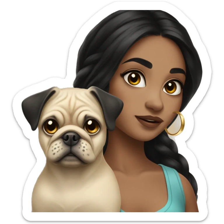 A young girl with long lashes  morena clara with long  black hair and small gold hoops  holding her pug and sticker