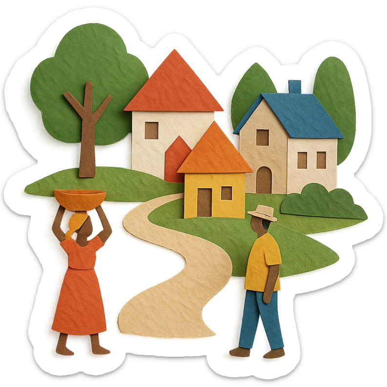paper craft style village life with layered paper look, houses, trees, and villagers sticker