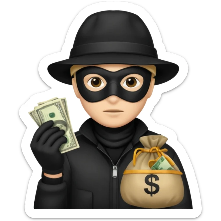 A emoji of a person wearing a robber outfit and a black hat and a black mask and a Money Bag sticker