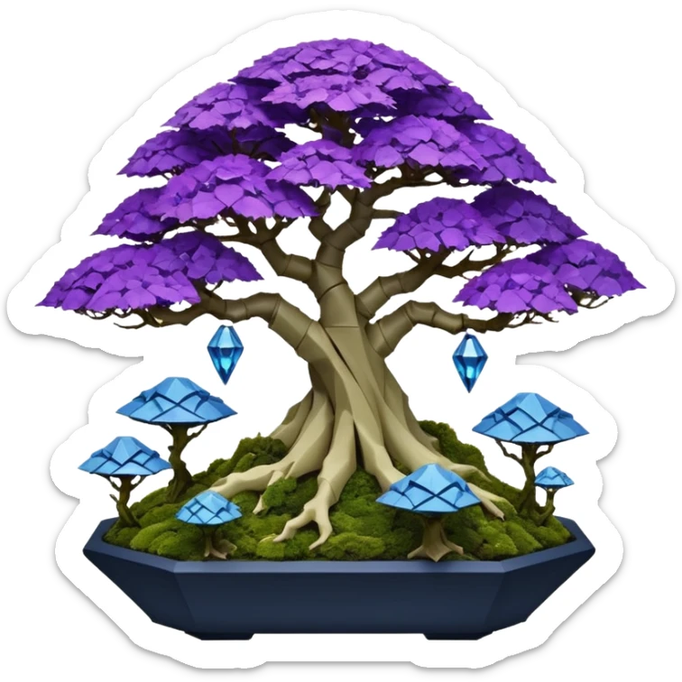 Futuristic wild glowing et alien moss maples Bonsai hair-fine-leaf group multi faceted intricate crystal boxwood Darth Vaderpurple and cream rose blue informal rocky cliffhanger eight trees forest planting in shallow origami slab style pot with big anthropomorphic feet  sticker