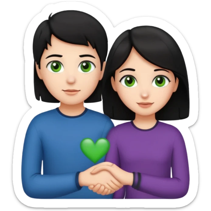 a girl with black hair and green eyes and a boy with brown hair and brown eyes holding hands, both blushing, emoji style sticker