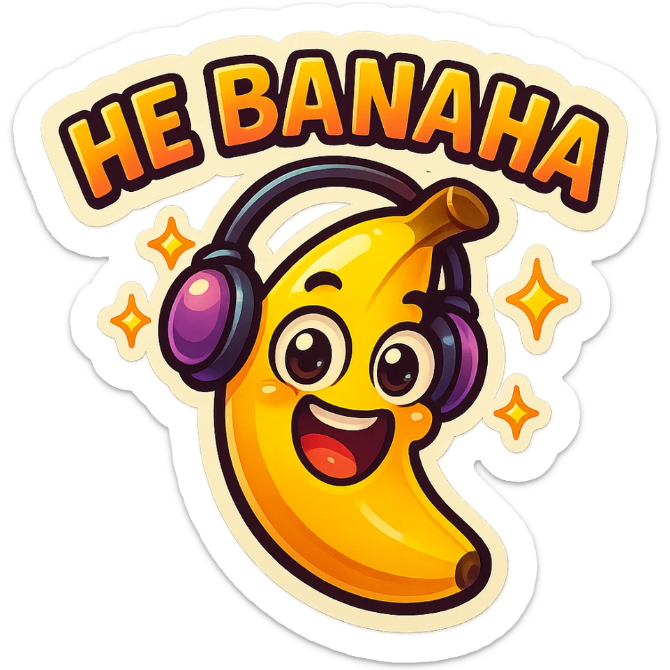Funny cartoon banana, big happy smiling face, wearing tiny headphones, wide excited eyes, tiny sparkles around, text above: "НЕ БАНАНА ", chibi style, Twitch emoji style, colorful, transparent background sticker