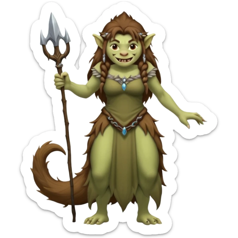 Norwegian forest mountain troll lady, Huldra, brown beautiful hair, pointy ears, long dress, long tufted tail, sharp teeth (full body) sticker