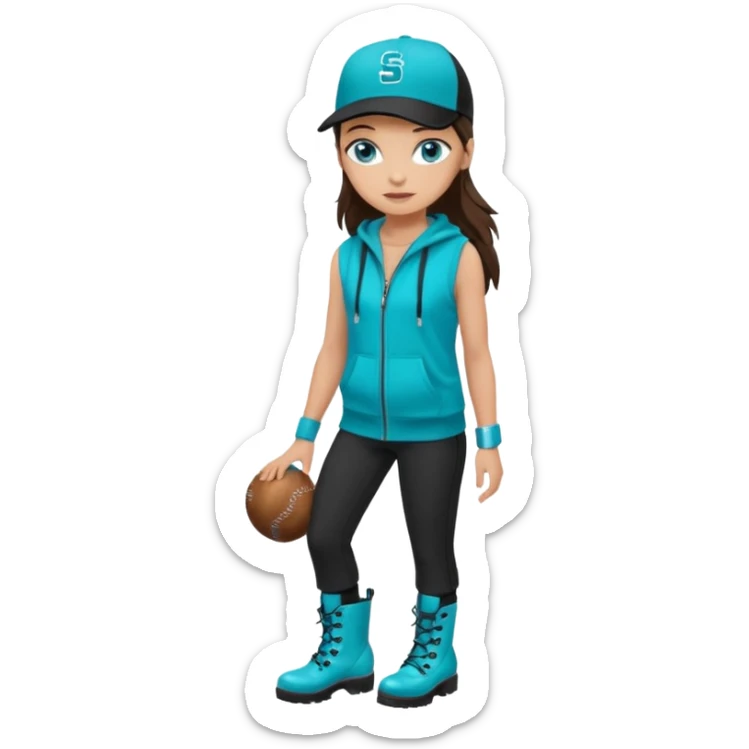 A landscaper in a beautiful turquoise hoody and turquoise rubber boots, black pants, and a black sleeveless shirt. On her head is a black color Swissotel baseball cap. The girl is a brunette with blue eyes. sticker
