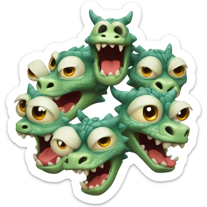 A cartoonish dragon with three heads all being dumb sticking their tongues out and left eyes facing left and right eyes facing right sticker