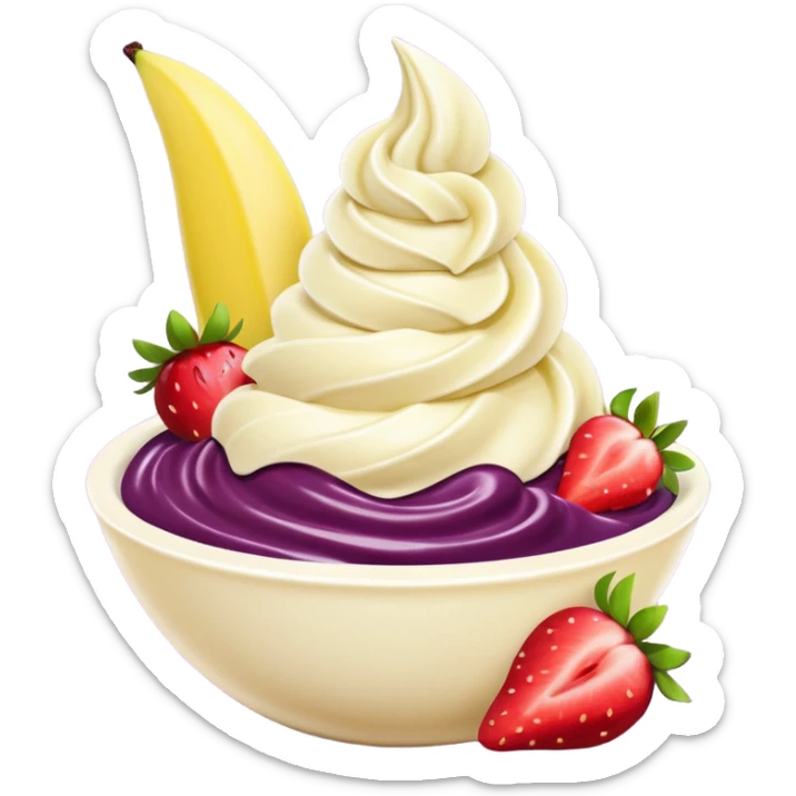 acai purple soft serve in a bowl strawberries and chopped banana sticker