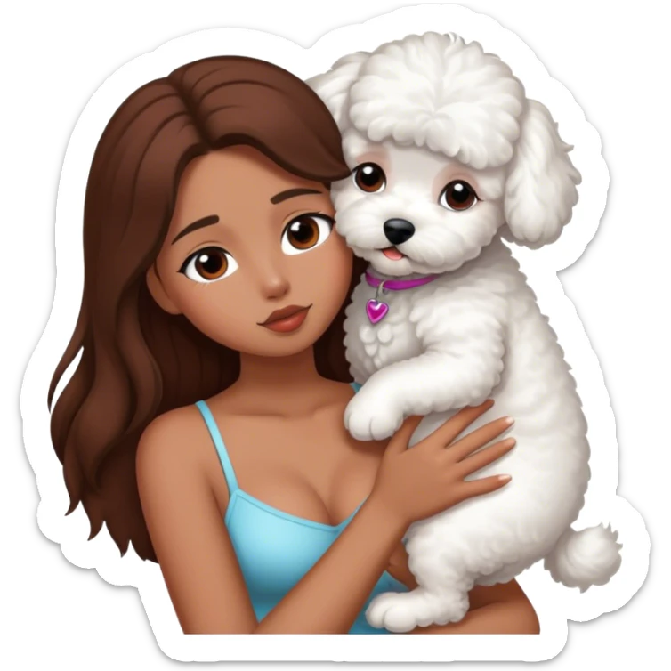 Tanned girl with long brown hair kissing a white bichon sticker