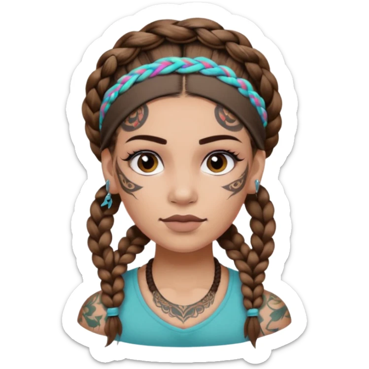 big lose braids starting from the top of the head woman face wiith big visible braids and mono color headband on head  face and braids as big as headband and lots and lots of face tattoos colored tattoos like a tattoo artist hair different color sticker