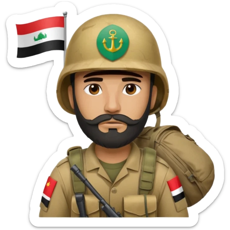 A tired and sad, swarthy Iraqi soldier with a beard, an Iraqi flag on his helmet, a sad expression and bags under his eyes sticker