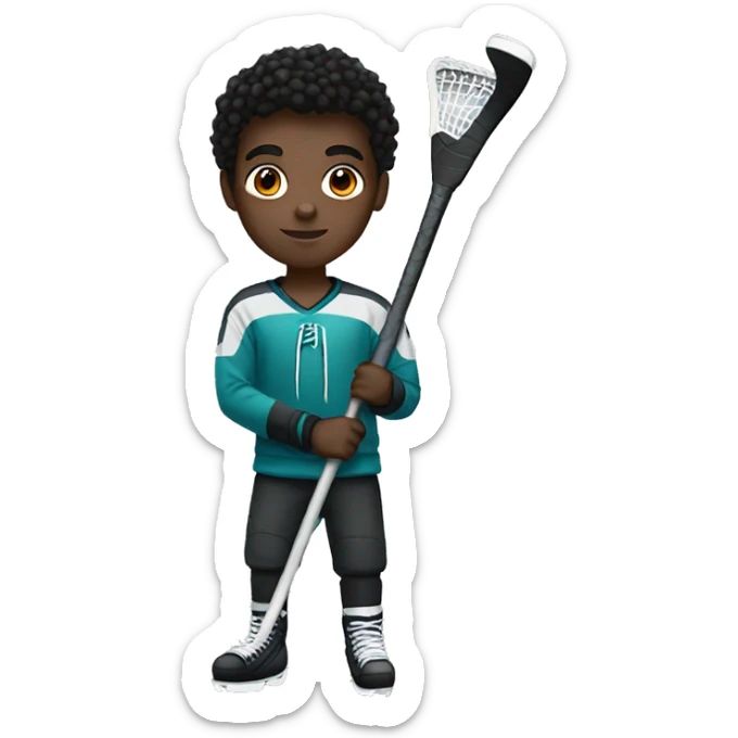 teen boy with dark skin, dark eyes, dark hair, holding a hockey stick sticker