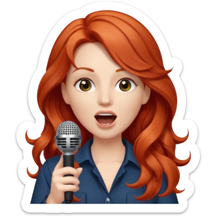 Fear of public speaking, white woman, long curly red hair, make hair more wavy and less puffy. Please add a microphone and have her mouth slightly open sticker