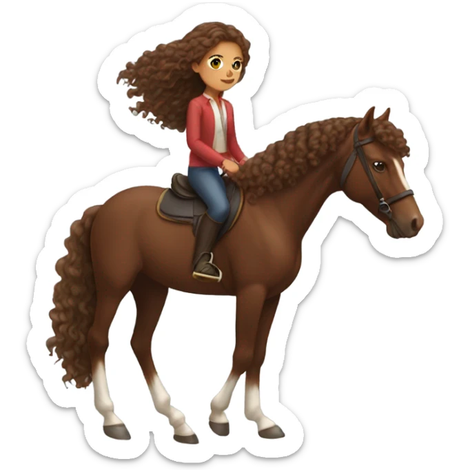 Girl with long brown curly hair on a bay horse  sticker