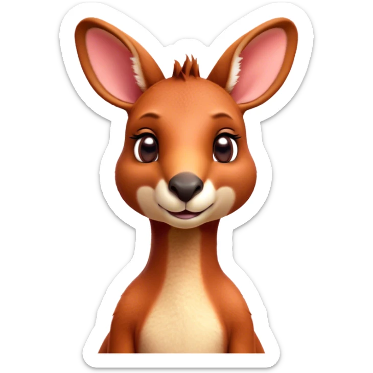 Cinematic Cute Adult Red Kangaroo Portrait Emoji, Head tilted playfully and inquisitively, showcasing a charming, robust build with soft reddish fur and a uniquely red kangaroo-like head featuring a gentle, elongated snout and rounded ears, with large, sparkling eyes full of wonder, Simplified yet irresistibly adorable features, highly detailed, glowing with a warm, friendly glow, high shine, affectionate and lively, stylized with a touch of outback whimsy, soft glowing outline, capturing the essence of a mischievous yet loving kangaroo that seems as if it could hop out of the screen into your arms! sticker