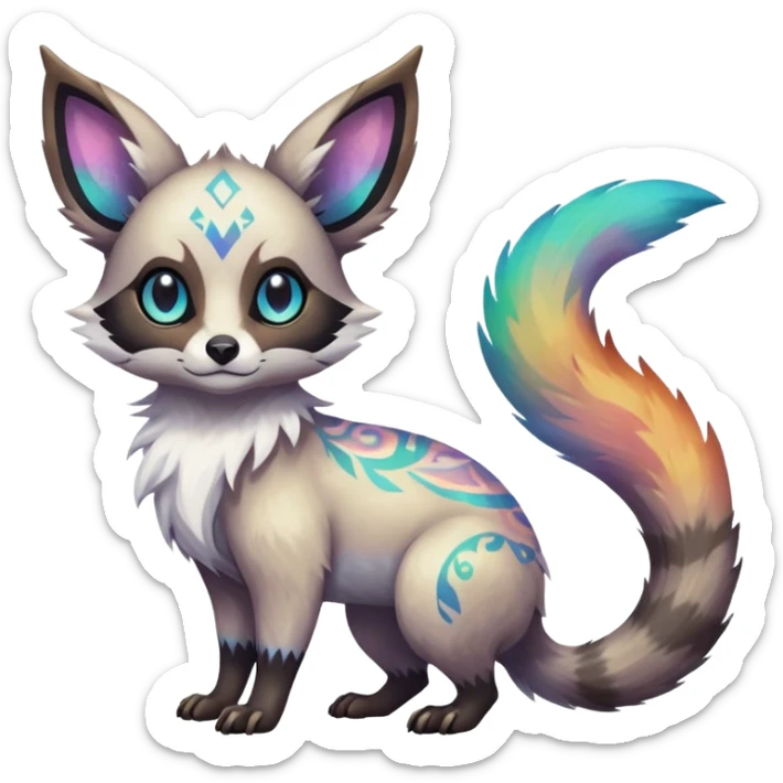 Rare iridescent white exotic epic aesthetic colorful Trico-Eevee-Civet-species-Fakemon-hybrid-creature, with intricate tattoo markings, full body sticker