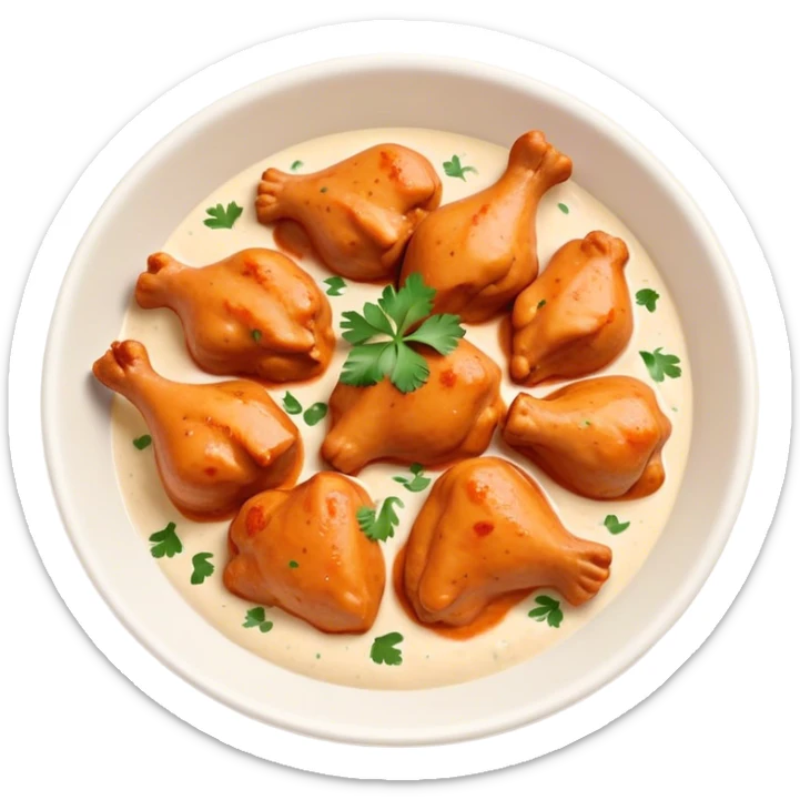 Butter Chicken Cinematic Realistic Butter Chicken Dish Emoji, depicted as tender chicken pieces sliced up and bathed in a creamy white sauce garnished with fresh cilantro, rendered with rich textures and vibrant, appetizing lighting. sticker