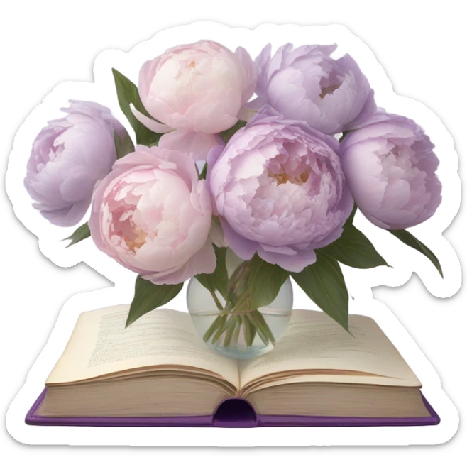 A vintage-inspired bouquet of pale violet and blush peonies resting on a lace-covered violet book. sticker
