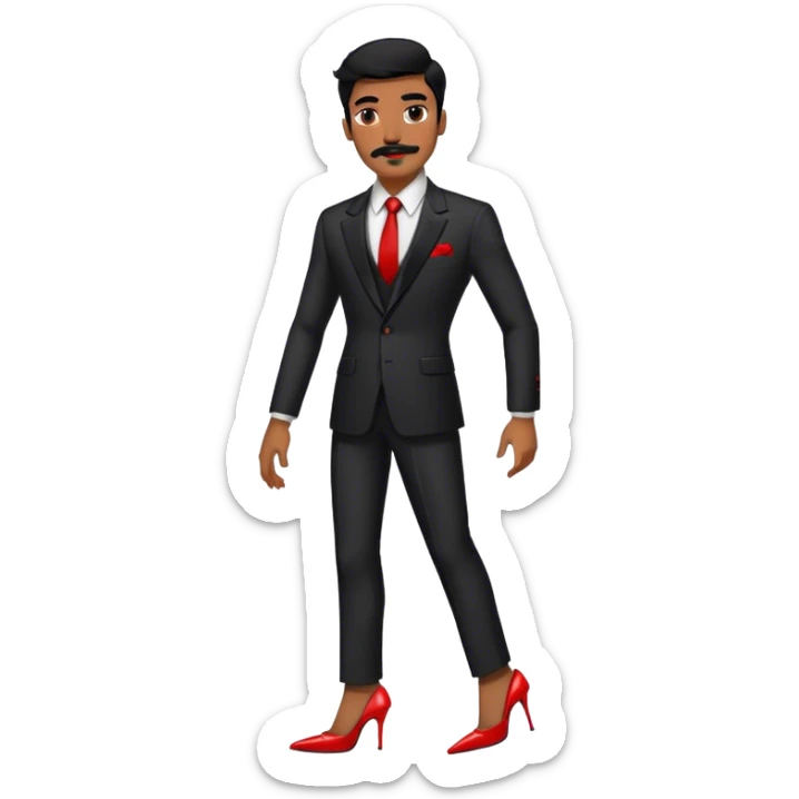 Man in a black suit suit and red strappy high heels with black hair and black mustache and brown skin sticker