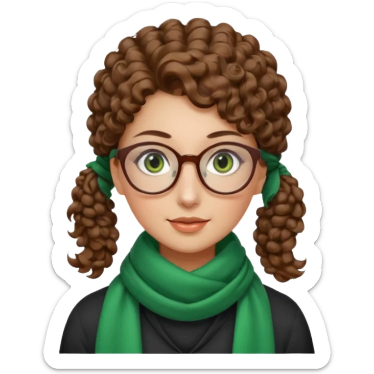 iranian woman, tight curly light brown hair in one high pony tail, glasses, green eyes, pretty, oval shape face, no hajib, scarf on neck sticker