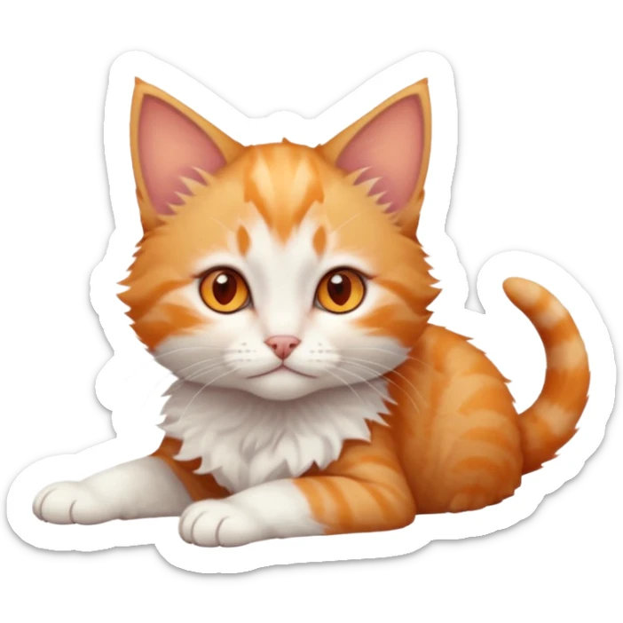 full body of very small + skinny ginger and white kitten with deep orange eyes and triangular shaped face lying down sticker