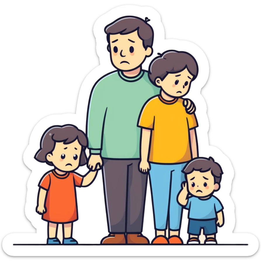 Group of father mother little boy and toddler girl very sad sticker