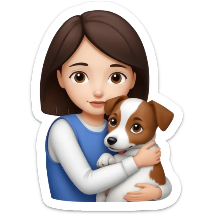 a girl and her dog, a little jack russell dark brown and white. She hugs it sticker
