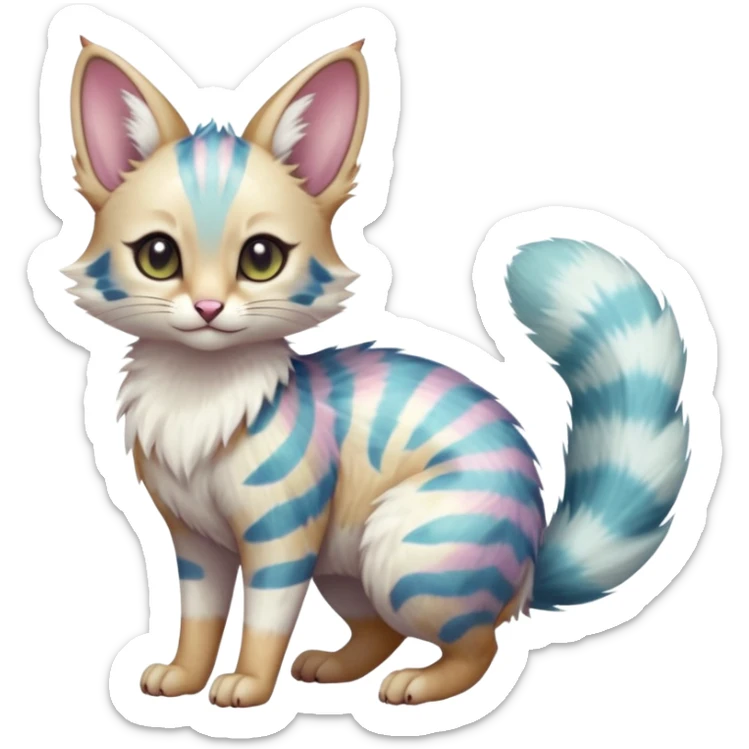  cute adorable whitish pastel fur with random colorful markings iridescent beautiful elegant pretty precious cute  Fakémon-Pokémon-alien-opossum-feline-serval-caracal-chinchilla-Minccino-hybrid-creature with a big fluffy bushy striped tail (full body) sticker
