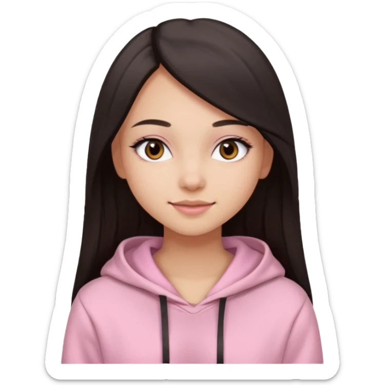 A pretty girl with light skin and long straight black brown hair, wearing a very light pink basic hoodie with brown eyes and makeup and a round face sticker