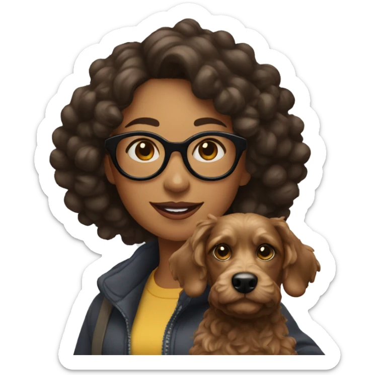 woman with glasses, curly hair and taking her black Pincher dog for a walk sticker