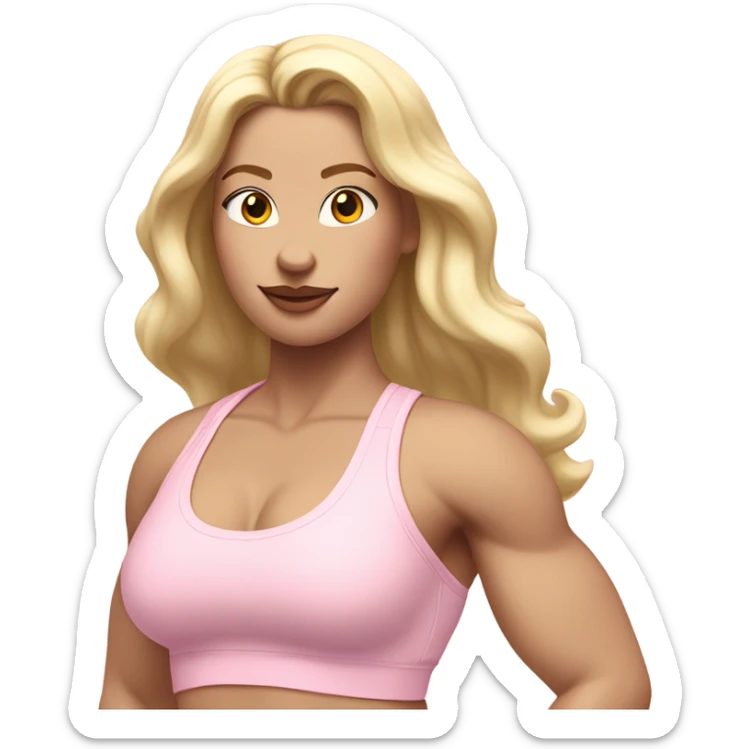 Woman, white skin, pale skin, long hair, blonde hair, wavy hair, baby pink sports bra, baby pink leggings, flexing one arm up sticker