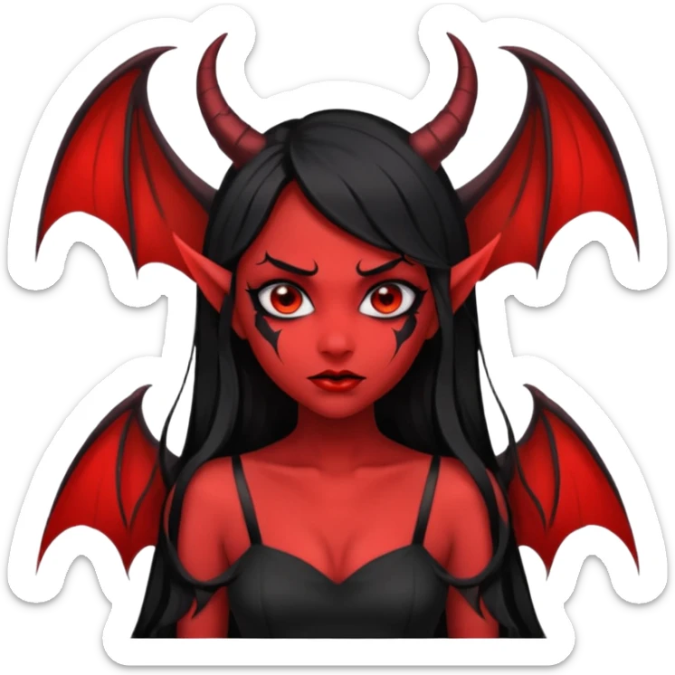 demon girl, skin red , black long hair, small horns, bat wing, black open-back dress, bold black outlines sticker