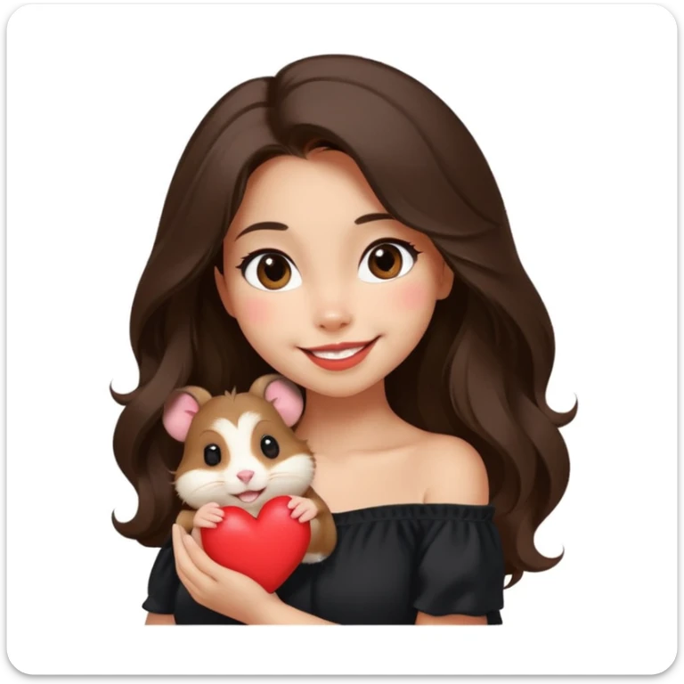 modern emoji of a young woman with medium skin tone, long wavy dark brown hair, black off-shoulder top, soft smile, expressive warm eyes, cute hamster on her shoulder winking and holding a small red heart, clean cheerful charming style, soft neutral color background sticker