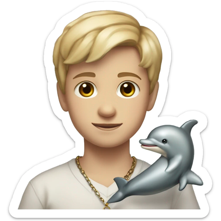 Full torso shot of short Blonde hair brown eyes 4th grade boy wearing orthodox cross necklace holding dolphin stuffed animal sticker