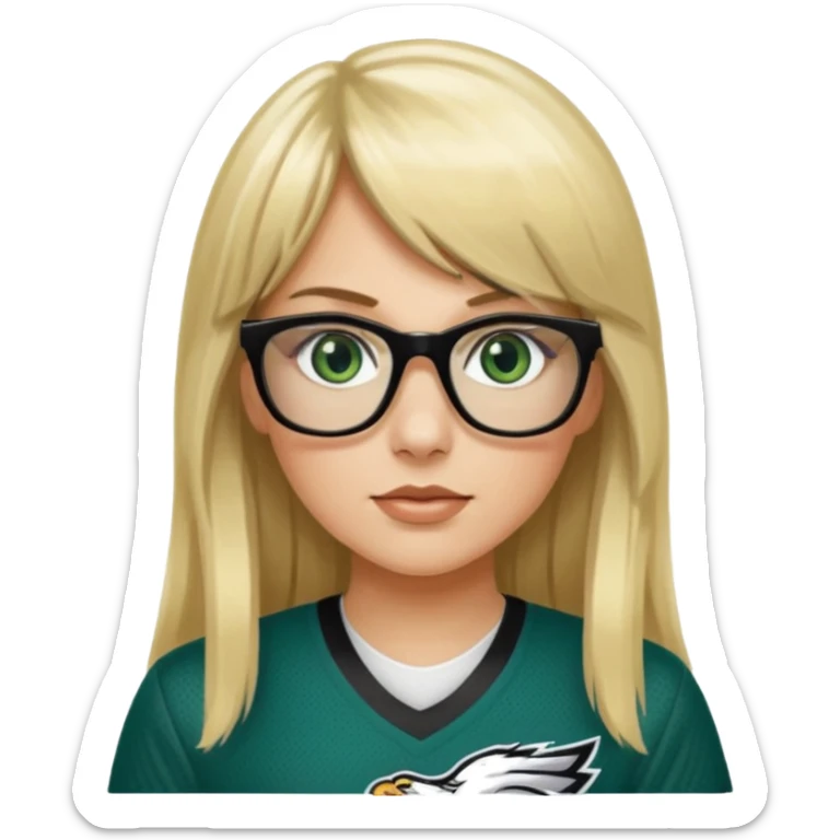 long blonde hair with bangs black glasses female green eyes football player wearing eagles jersey number 33 sticker