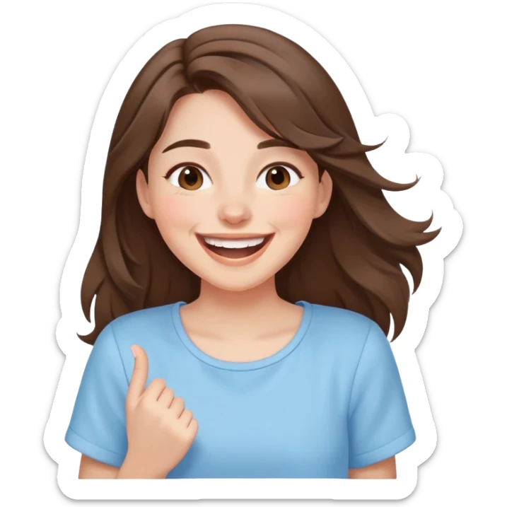 brunette girl with brown hair wearing pastel blue clothes laughing joyfully sticker