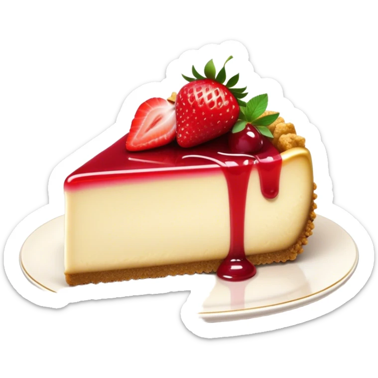 Cinematic creamy cheesecake, smooth and velvety, topped with fresh strawberries and a glossy fruit glaze, golden crumbly crust, beautifully plated, soft glowing background, indulgent and elegant. sticker