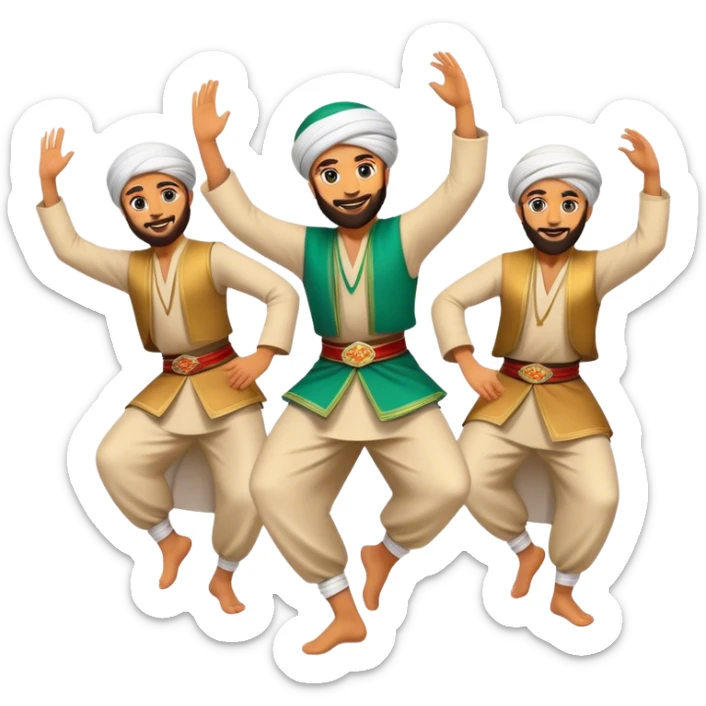 Cinematic Realistic Dabke Dance Emoji, depicted as an energetic traditional Lebanese folk dance with vibrant costumes and rhythmic movements, rendered with dynamic textures and festive natural lighting that captures its communal joy. sticker
