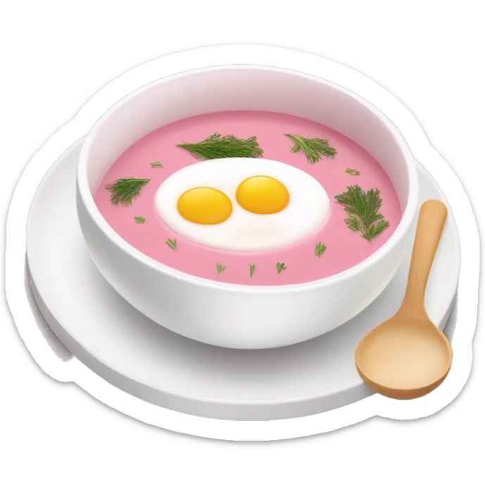White bowl of Pink soup no face, put a hard boiled egg on top of the soup as decoration that’s cut in half, some dill,   sticker