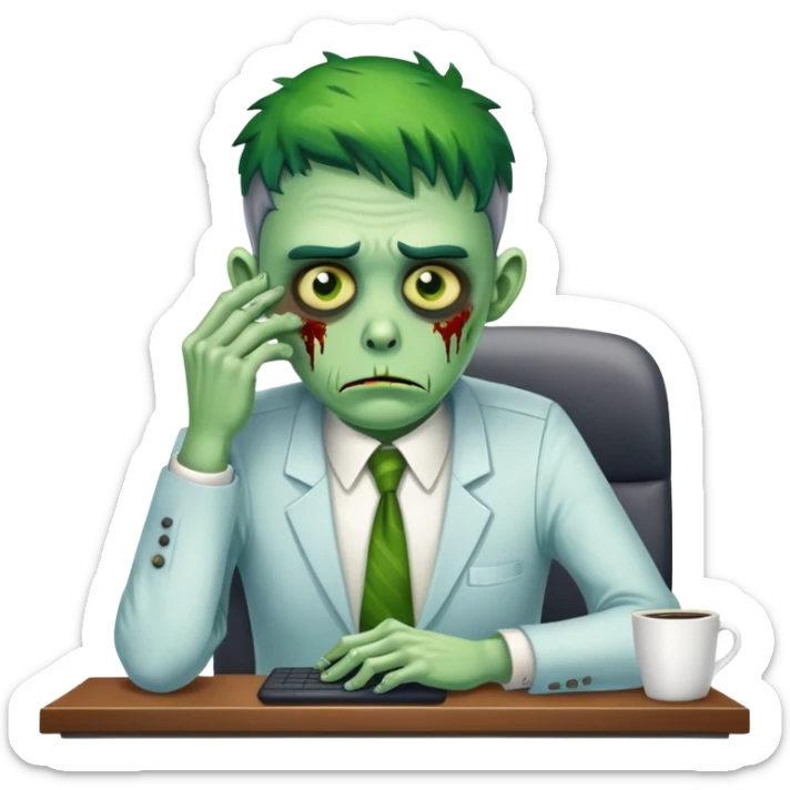 office zombie clerk with green skin looking tired and waiting for a coffee break sticker