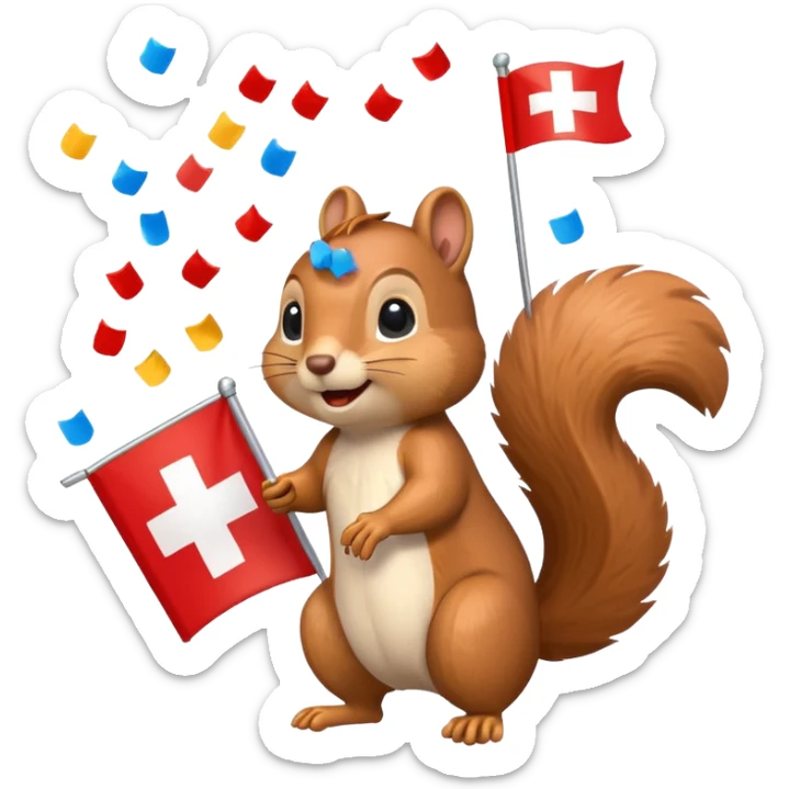 squirrel waving a Swiss flag, confetti in the air, emoji style sticker