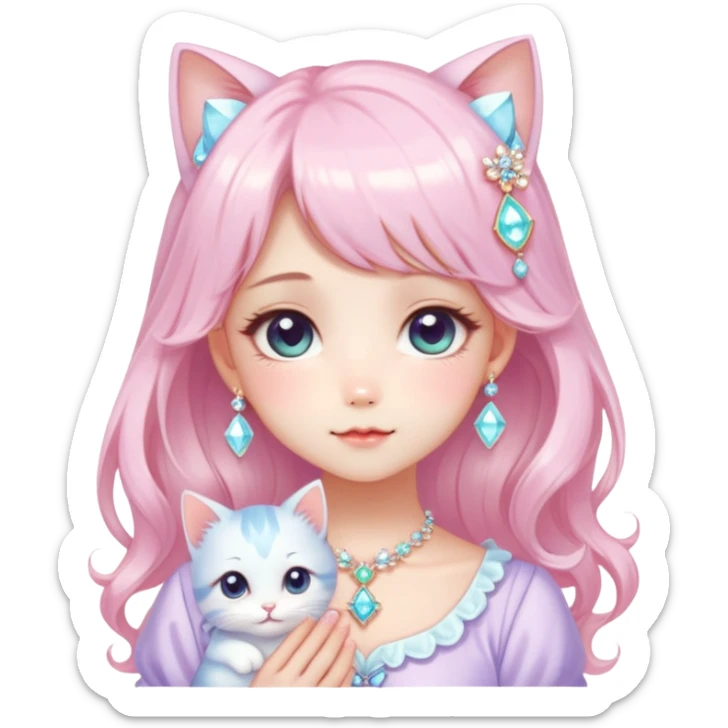  dreamy-pretty-elegant-kawaii-shiny-blushing-shy-pastel-lady-kawaii-beautiful-hair-naturecore-fairycore-cottagecore-jewels-trending-aesthetic -kitten sticker