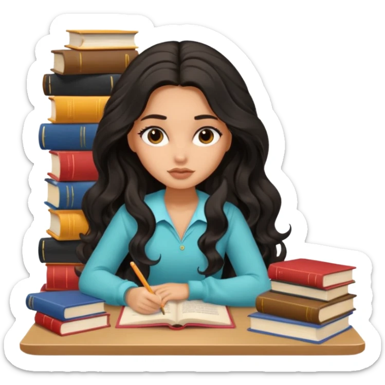 a pretty tan bratz girl with black wavy long hair studying. Pile of books on the table. No glasses. Looks tgired sticker