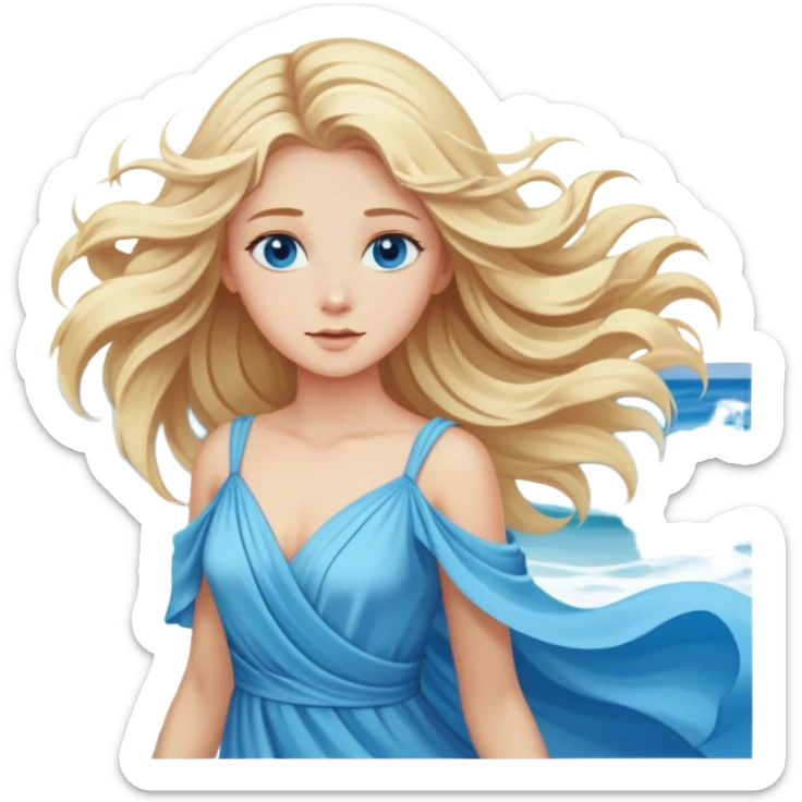 Blond Girl with blue eyes in a flowing dress by the ocean wind in her hair with beautiful finish. sticker