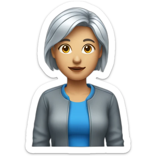 femme âgé au cheveux court gris, avec un tshirt rayé et une veste bleu foncé ouverte sticker