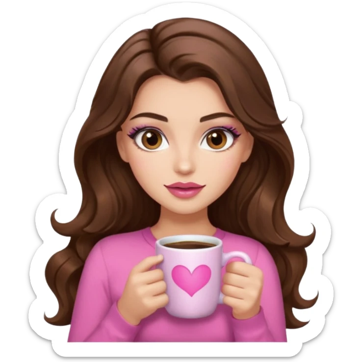 girl with long wavy brown hair, brown eyes, long lashes, makeup, ,sexy pink lips, light to medium complexion, pink sexy top, with a coffee mug sticker