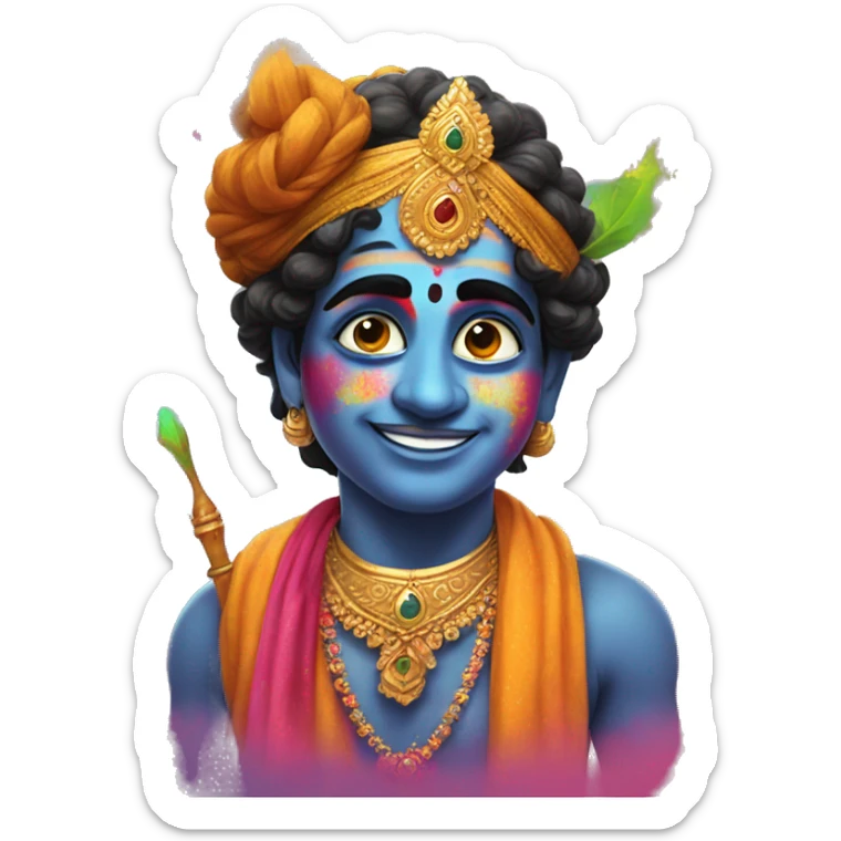 Krishna in holi with gulal on his face and mor pank on his head sticker