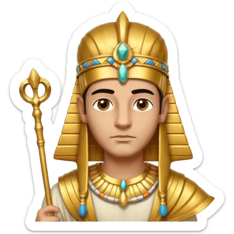 A regal pharaoh with golden headdress, calm stern eyes, and holding a crook and flail with authority.
 sticker
